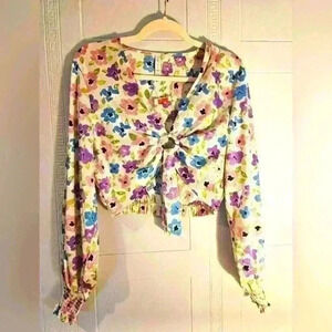 Amisu Pink Blue Green Floral Cropped Long Sleeved Blouse Size L Like New